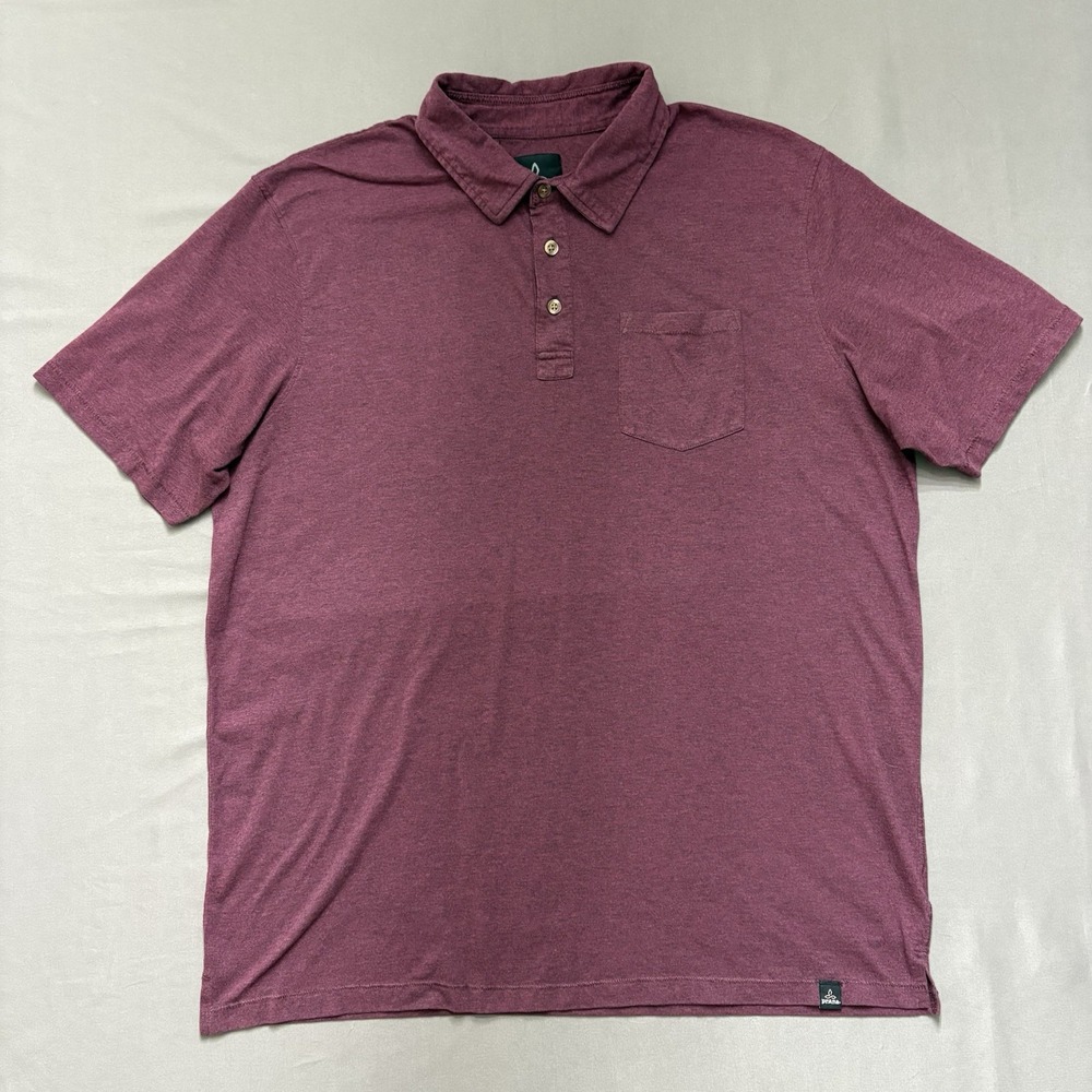 PrAna Men Large Short Sleeve Pocket Polo Shirt Plum Stretch Golf GorpCore